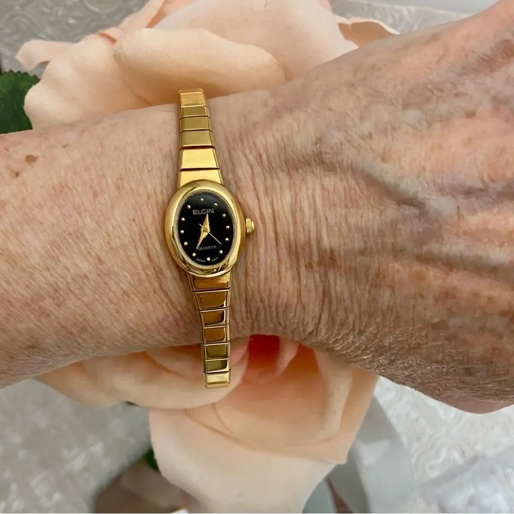 Vintage Elgin Gold-Tone Black Dial Dainty Dress Watch